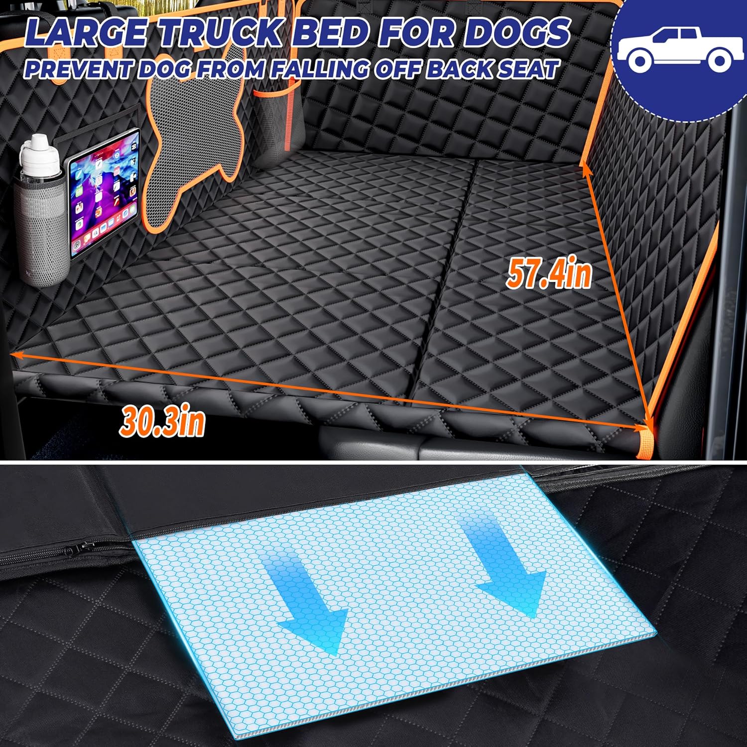 Dog Back Seat Extender for Truck, Hard Bottom Dog Car Seat Cover-Strong Support Waterproof Scratch-Proof Pet Hammock for Full Size F150/RAM1500/Silverado Crew Cab Pickup, Black with Orange - Pawvie