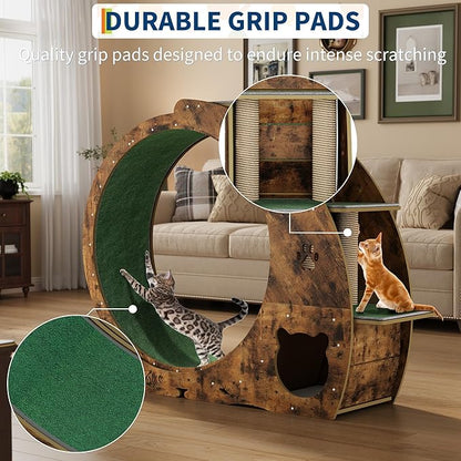 55" Multi-Cat Exercise Wheel with 3-Level Jumper & Scratching Pad - Silent TPE Spinner Activity Center with Rest Area to Prevent Boredom and Obesity in Indoor Cats