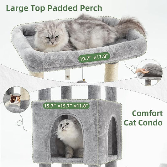 Cat Tree for Indoor Cats Large Adult, Heavy Duty Cat Tree for Large Cats 20 lbs+, Cat Condo with Big Wooden Perch, Cat Tower with 14 Scratching Posts, Hammock, Light Gray GCT023W
