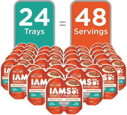 IAMS Perfect Portions Healthy Adult Grain Free Wet Cat Food Pate, Tuna Recipe, 2.6 oz. Easy Peel Twin-Pack Trays (24 Count, 48 Servings)