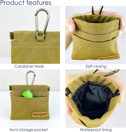 Dog Treat Pouch, Brown Pocket Sized Pet Training Pouch, Cotton Fabric, Hand Free Dog Walking Bag with Carabiner, Self-Closing Pet Feed Snack Reward, for Puppy Travel or Outdoor Use