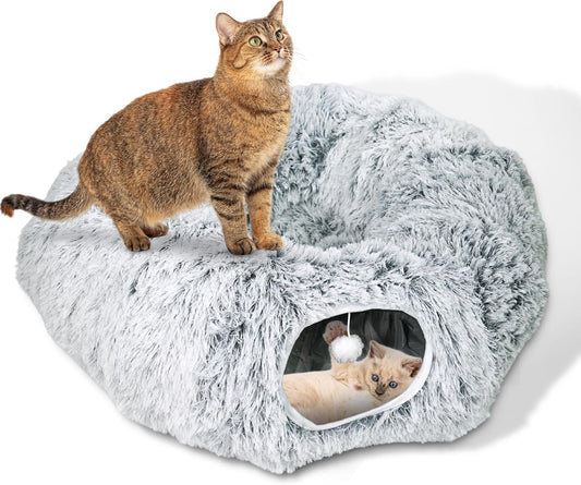 Cat Donut Bed with Washable Cushion – Cat Caves for Indoor Cats – Collapsible Donut Bed with Peekaboo Pet Tunnel & Tunnel Toy – Cozy Hideout for Kittens, Ferrets, Rabbits & Dogs – Grey