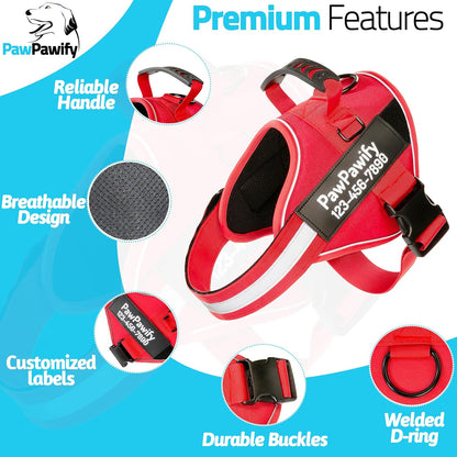 PawPawify Custom No Pull Dog Harness with Name and Phone Number, Heavy Duty Personalized Pet Vest to Prevent Tugging, Pulling, or Choking, Training and Walking (New Red, M (20-40 LBS))
