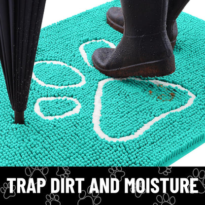 Smiry Dog Door Mat for Muddy Paws, Absorbent Dirt Trapper Non Slip Quick Dry Washable Chenille Mat for Mud Dogs, Entry Rug for Indoor and Outdoor (24x16 Inches, Turquoise)