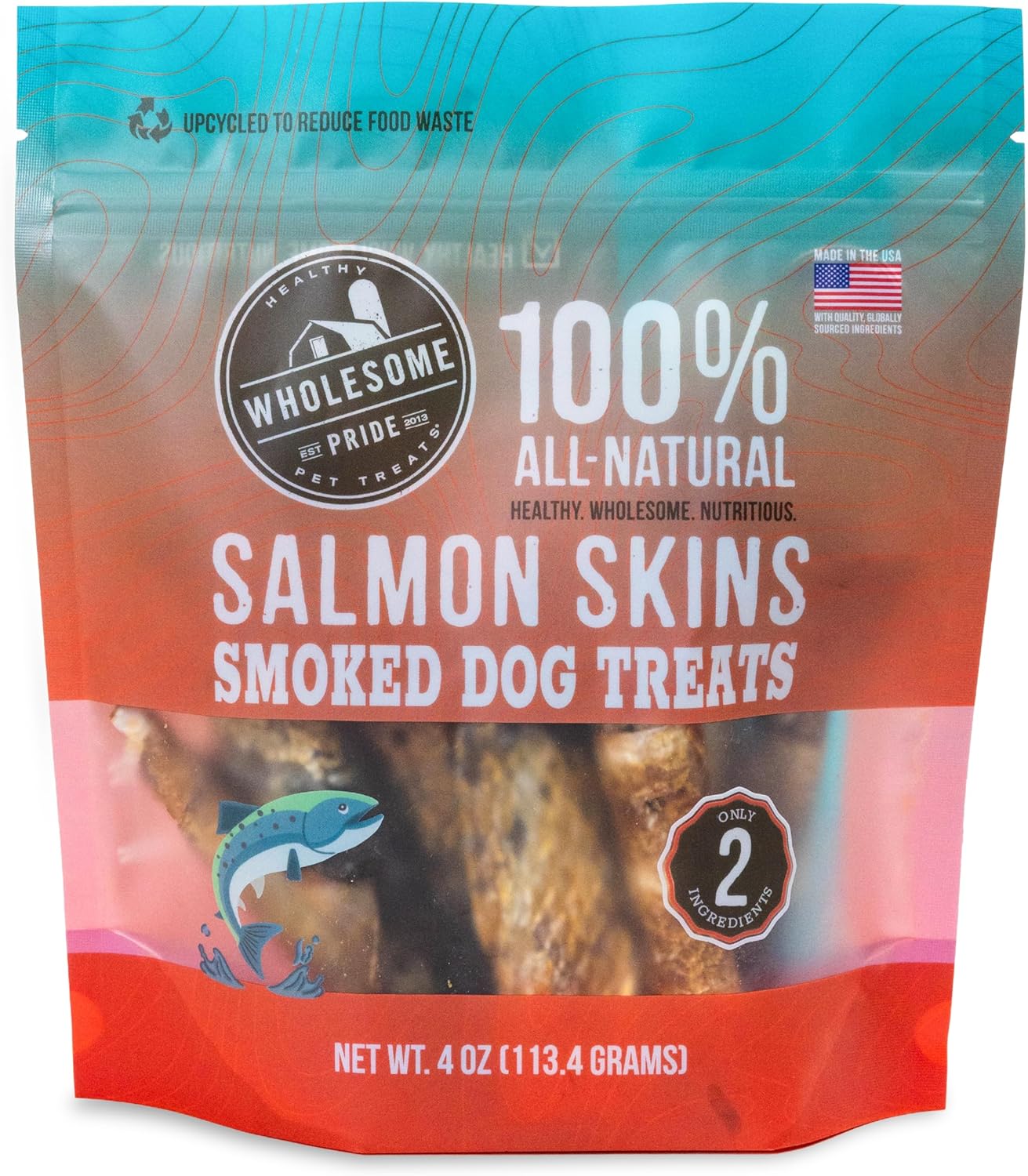 Wholesome Pride Smoked Salmon Skins Natural Healthy Dog Treats, USA Made Sustainably Sourced Dehydrated Treats, 4oz