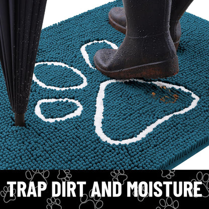 Smiry Dog Door Mat for Muddy Paws, Absorbent Dirt Trapper Non Slip Quick Dry Washable Chenille Mat for Mud Dogs, Entry Rug for Indoor and Outdoor (30x20 Inches, Atlantic Blue)