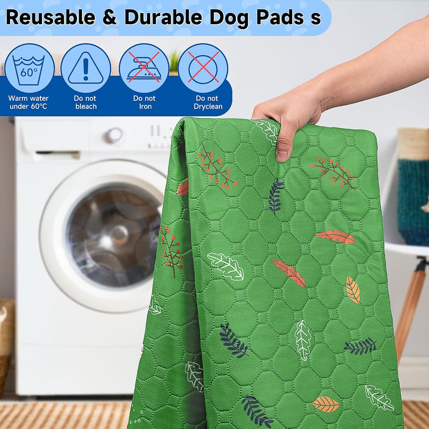 Sunheir Washable Pee Pads for Dogs 2-Pack Reusable Puppy Pads Pet Training Pads, Waterproof Dog Pee Pads for Crate, Whelping Pad, Non-Slip Protects Against Urine Leakage (Leaves - Green, 24x36)