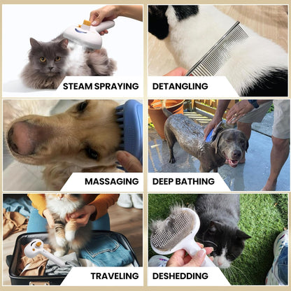 Self Cleaning Steam Brush for Cat Dog, 4 in 1 Pet Brushes for Shedding & Grooming, Bath Massage & Water/Mist Slicker Brush for Long Haired Cats & Dogs- Pet Grooming Brushes with Spray for Cats