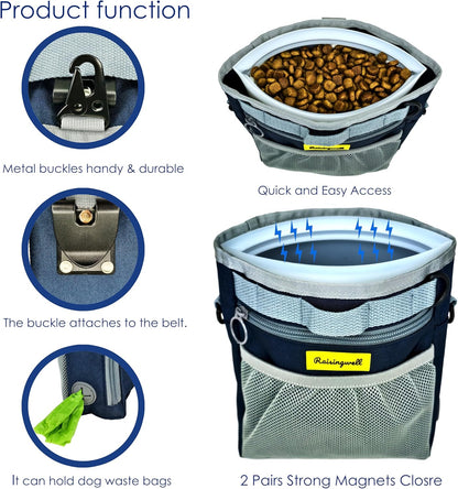 Dog Treat Pouch with Magnetic Closure 4-Cup Silicone Bag Fanny Pack Holder with Clicker 4 Ways to Wear Front Pocket Fits All Phones Ideal for Leash, Pet Walking and Training（Blue）