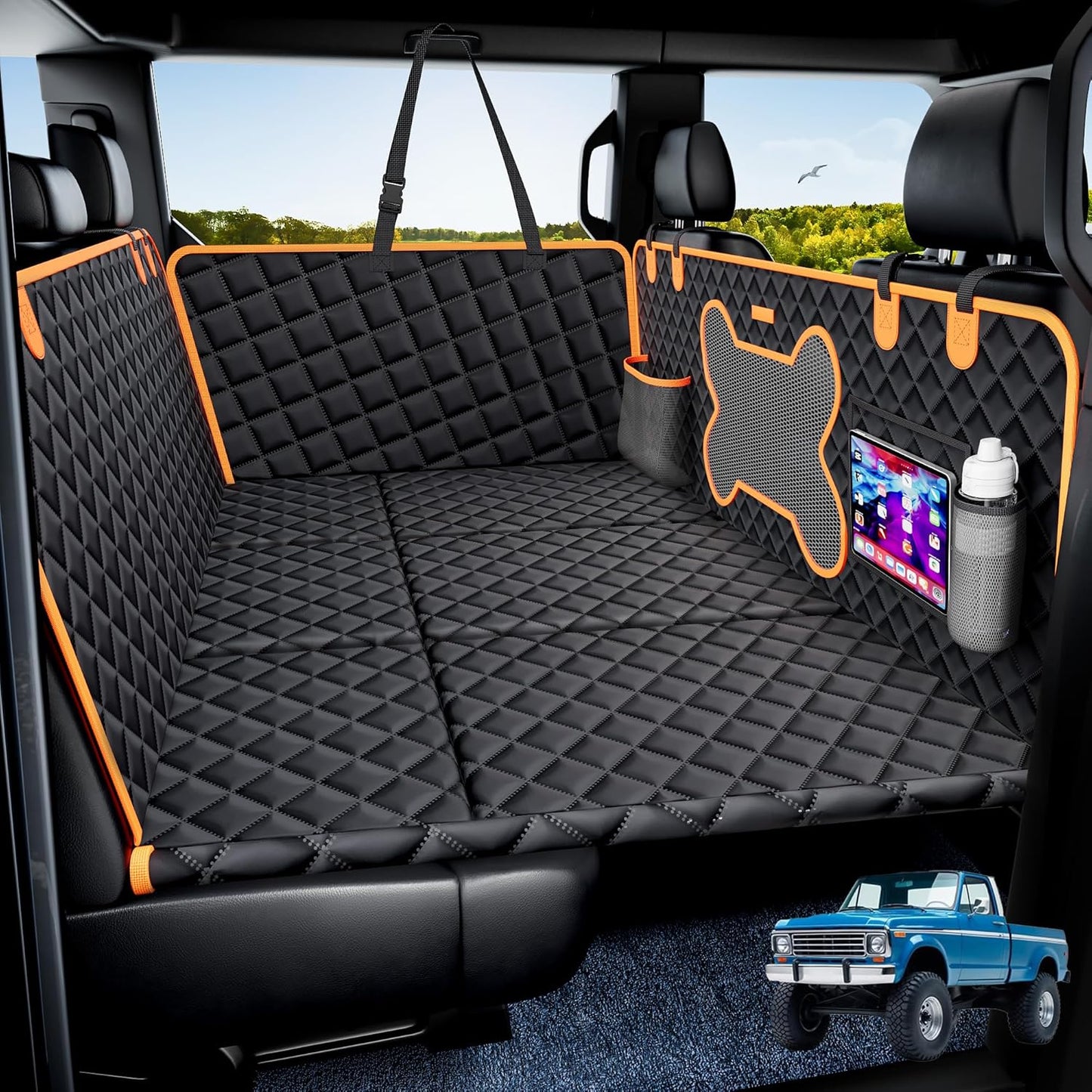 Dog Back Seat Extender for Truck, Hard Bottom Dog Car Seat Cover-Strong Support Waterproof Scratch-Proof Pet Hammock for Full Size F150/RAM1500/Silverado Crew Cab Pickup, Black with Orange - Pawvie