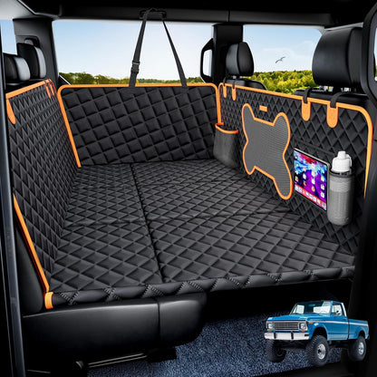 Dog Back Seat Extender for Truck, Hard Bottom Dog Car Seat Cover-Strong Support Waterproof Scratch-Proof Pet Hammock for Full Size F150/RAM1500/Silverado Crew Cab Pickup, Black with Orange - Pawvie