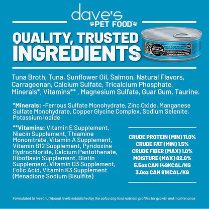 Dave's Pet Food Grain Free Wet Cat Food (Tuna & Salmon in Aspic), Naturally Healthy Canned, Added Vitamins & Minerals, Wheat & Gluten-Free, 3 oz (24 Pack)