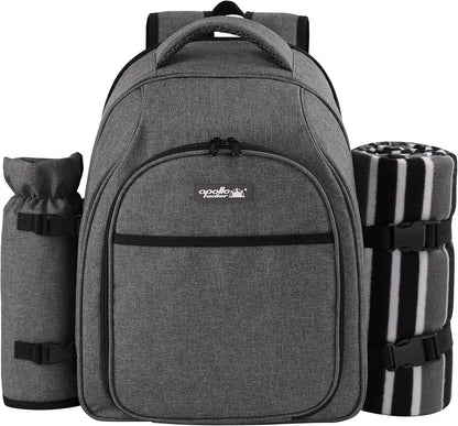 apollo walker Picnic Backpack Bag for 2 Person with Cooler Compartment, Detachable Bottle/Wine Holder, Fleece Blanket, Plates and Cutlery Set (2Person,Grey)