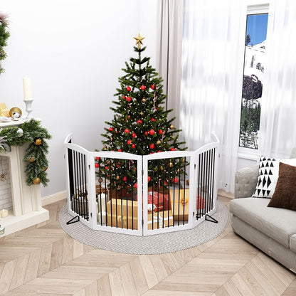 Freestanding Pet Gate for Dogs, Indoor Wooden Foldable Dog Gate for House, Extra Wide, Pet Fence for Stairs, Doorways, Halls, Support Feet Included, 120 Inch Wide, 6 Panels 32",White