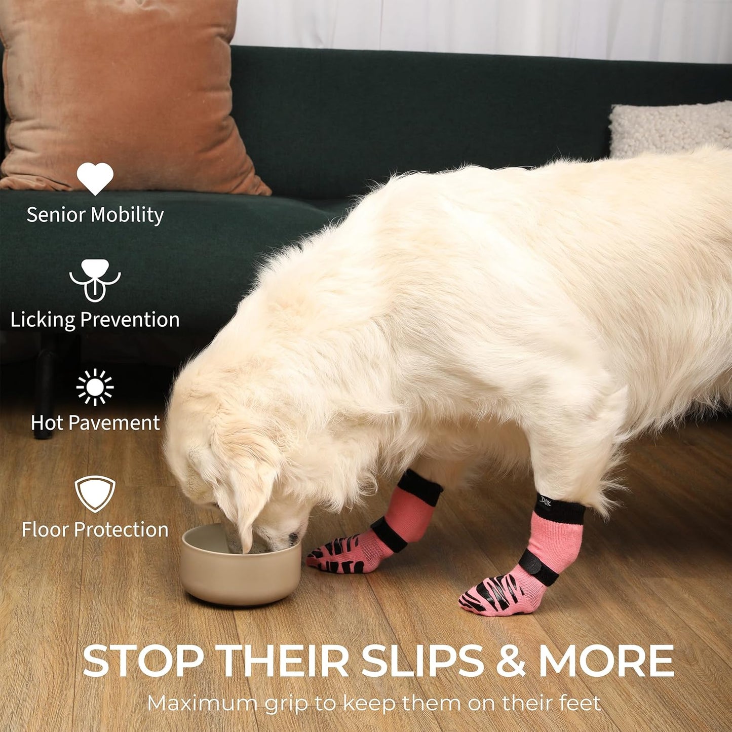DOK TigerToes Premium Non-Slip Dog Socks for Hardwood Floors - Extra-Thick Grip That Works Even When Twisted - Prevents Licking, Slipping, and Great for Dog Paw Protection (Sassy Pink, Large)