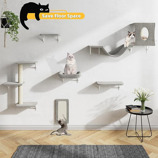 NUNU LAB Cat Wall Shelves, Cat Walls Mounted Climber Set, 6-in-1 Cat Climbing Furniture, Cat Scratching Post, Cat House, Cat Bridge, Cat Steps, Cat Climb Board & Cat Hammock, for Indoor Drywall, Gray