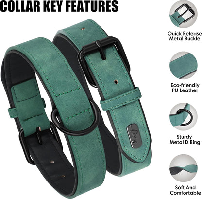 Didog Soft Padded Leather Dog Collar, Breathable Heavy Duty Dog Collar Leather with Adjustable Rust-Proof Metal Buckle for Small Medium Large Dogs, Green, M: Total length 16'', Fit 11-13''Neck