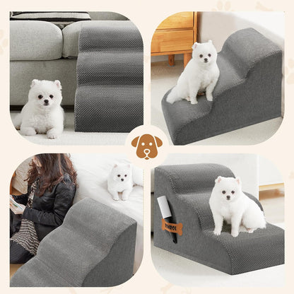 Romrol Dog Stairs Ramp for Beds Couches, Extra Wide Pet Steps with Durable Non-Slip Waterproof Fabric Cover, Dog Slope Stairs for Small Dogs and Cats or Pets Friendly, 3-Tiers, 13 Inch,Grey - Pawvie