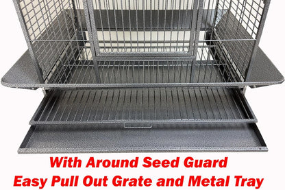 Large Elegant and Durable Wrought Iron Play Ground Perch Stand Top Climbing Ladder Bird Parrot Rolling Metal Cage with Around Seed Guard Storage Shelf On Heavy Duty Lockable Rolling Wheels