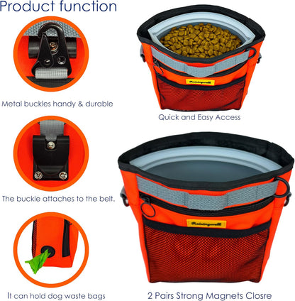 Dog Treat Pouch with Magnetic Closure 4-Cup Silicone Bag Fanny Pack Holder with Clicker 4 Ways to Wear Front Pocket Fits All Phones Ideal for Leash, Pet Walking and Training（Orange）