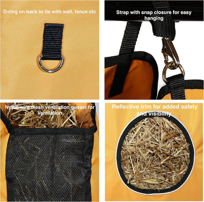 Majestic Ally 1200 D Hay Feeder Tote Bag for Horses, Sheep with Reflective Trim- Reduces Waste - Comes with 36” Hay Net (Purple)