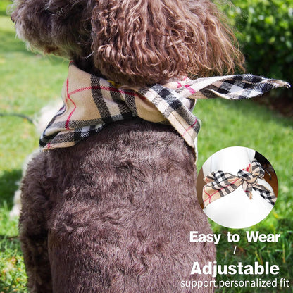 Adjustable Plaid Dog Bandanas,1PC Soft Washable Cotton Triangle Bib Kerchief Scarfs for Small Medium Large Dogs and Cats (Light Khaki, Large)