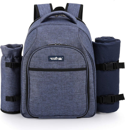 Apollo Walker Picnic Backpack Bag for 2 Person with Cooler Compartment, Detachable Bottle/Wine Holder, Fleece Blanket, Plates and Cutlery Set (2 Person, Navy)