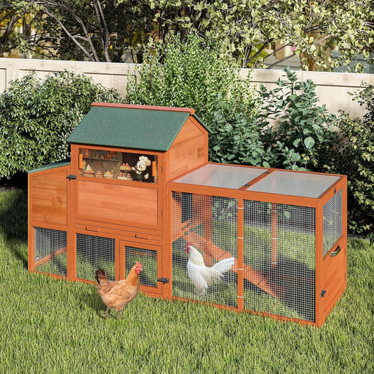 COZIWOW 82" Large Wooden Chicken Coop, Outdoor Rabbit Hutch with Wheels, Sunshine Board, Asphalt Roof, Ramp, Openable Top, Door, Window, Pull-Out Tray, Indoor Bunny Cage (Orange with Pattern)