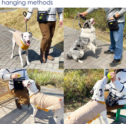 Dog Treat Pouch with Magnetic Closure 4-Cup Silicone Bag Fanny Pack Holder with Clicker 4 Ways to Wear Front Pocket Fits All Phones Ideal for Leash, Pet Walking and Training（Black）